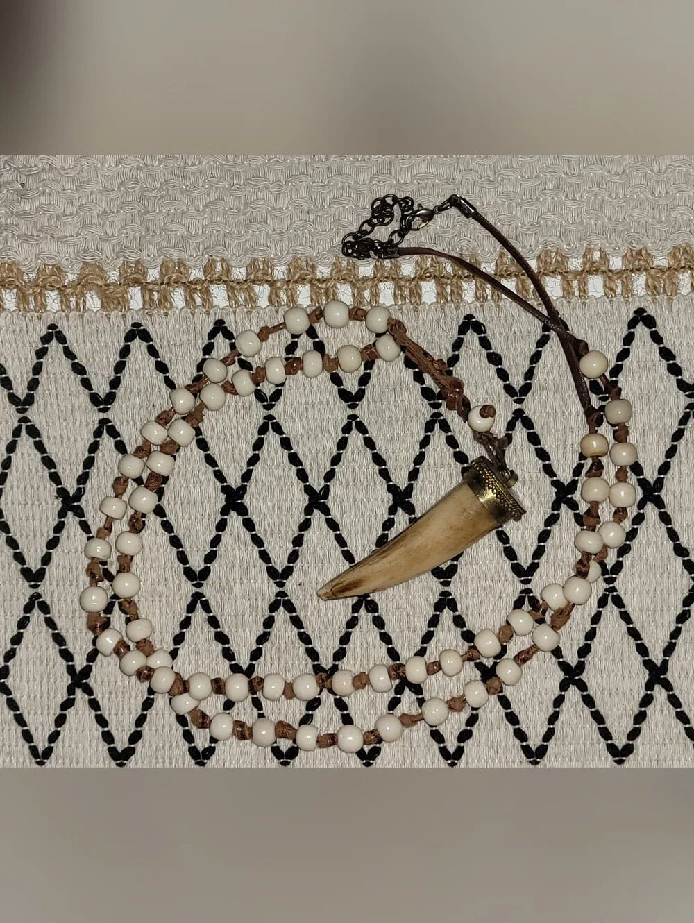 Boho Ivory Looking Tusk Beaded Horn Pendant Cord Necklace